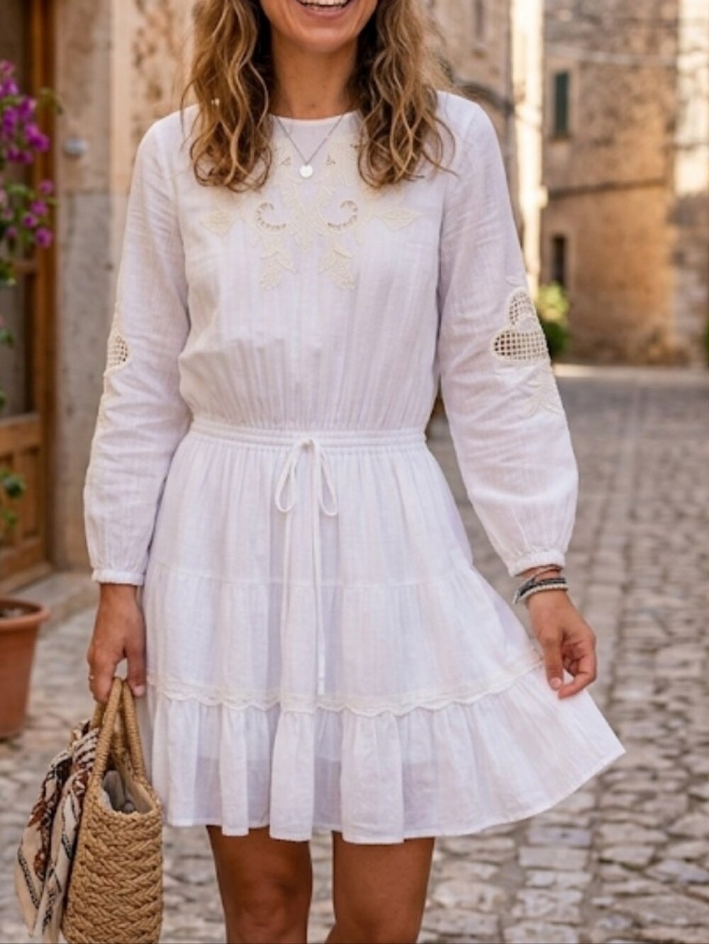 Zara White Long-Sleeve Tiered Lace-Detail Dress